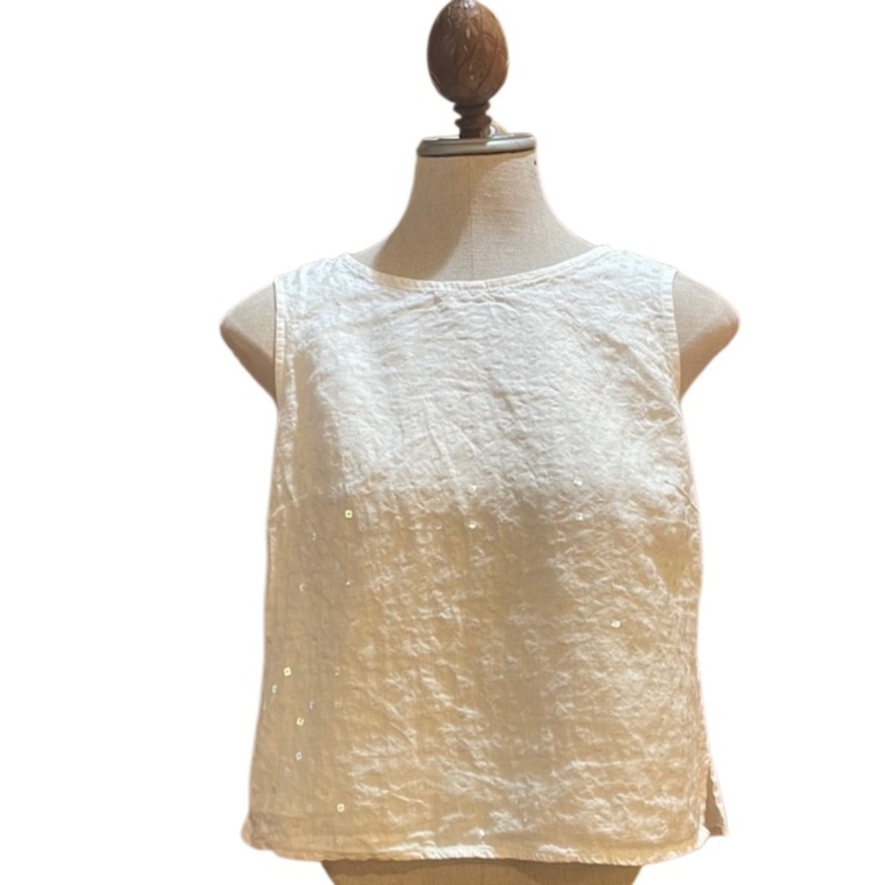 Tamotsu linen sequin Sleeveless Top keyhole back white blouse women size 8